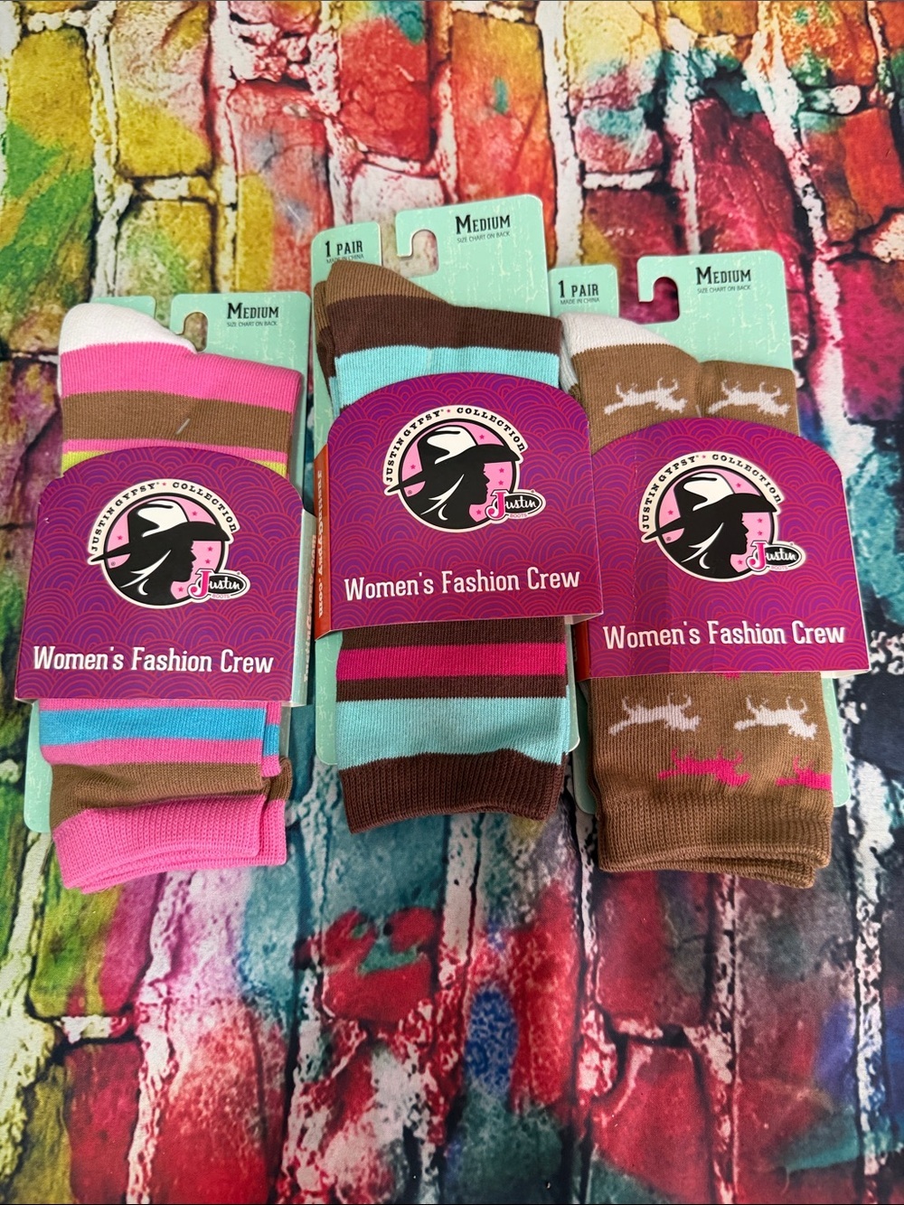 Justin Boots Women's Crew Socks - Brown, Pink & Aqua Stripes